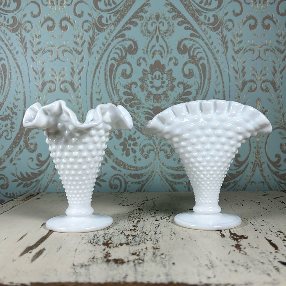 Pair of Vintage Fenton Hobnail Milk Glass Vases